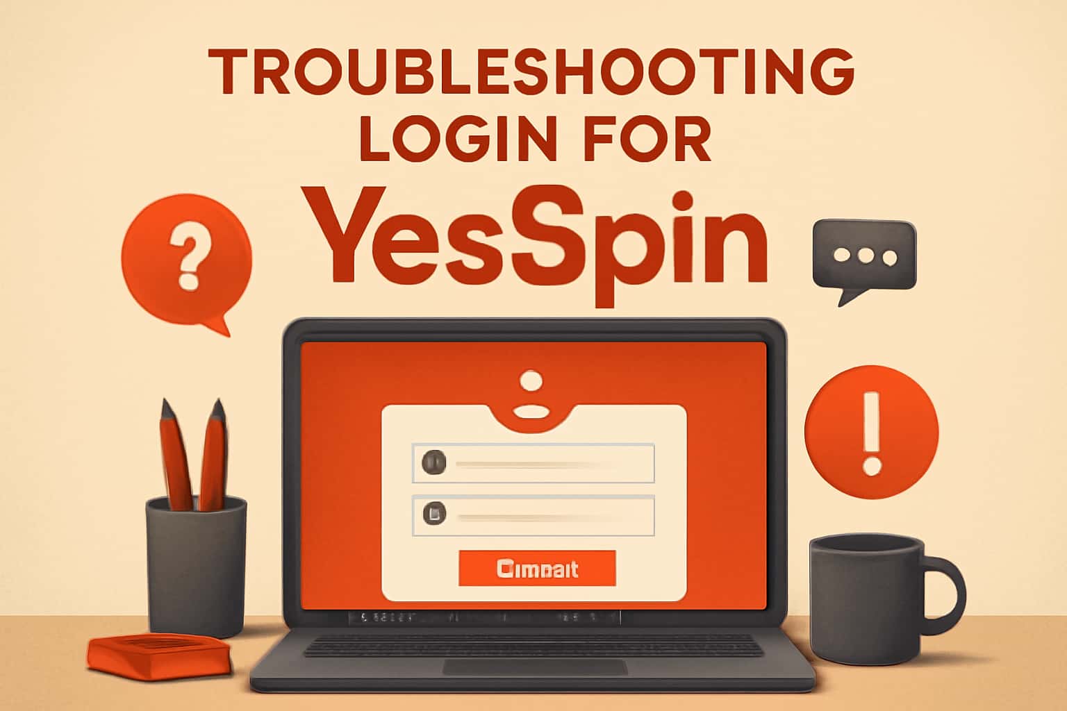 An informational scene illustrating troubleshooting login for YesSpin.
